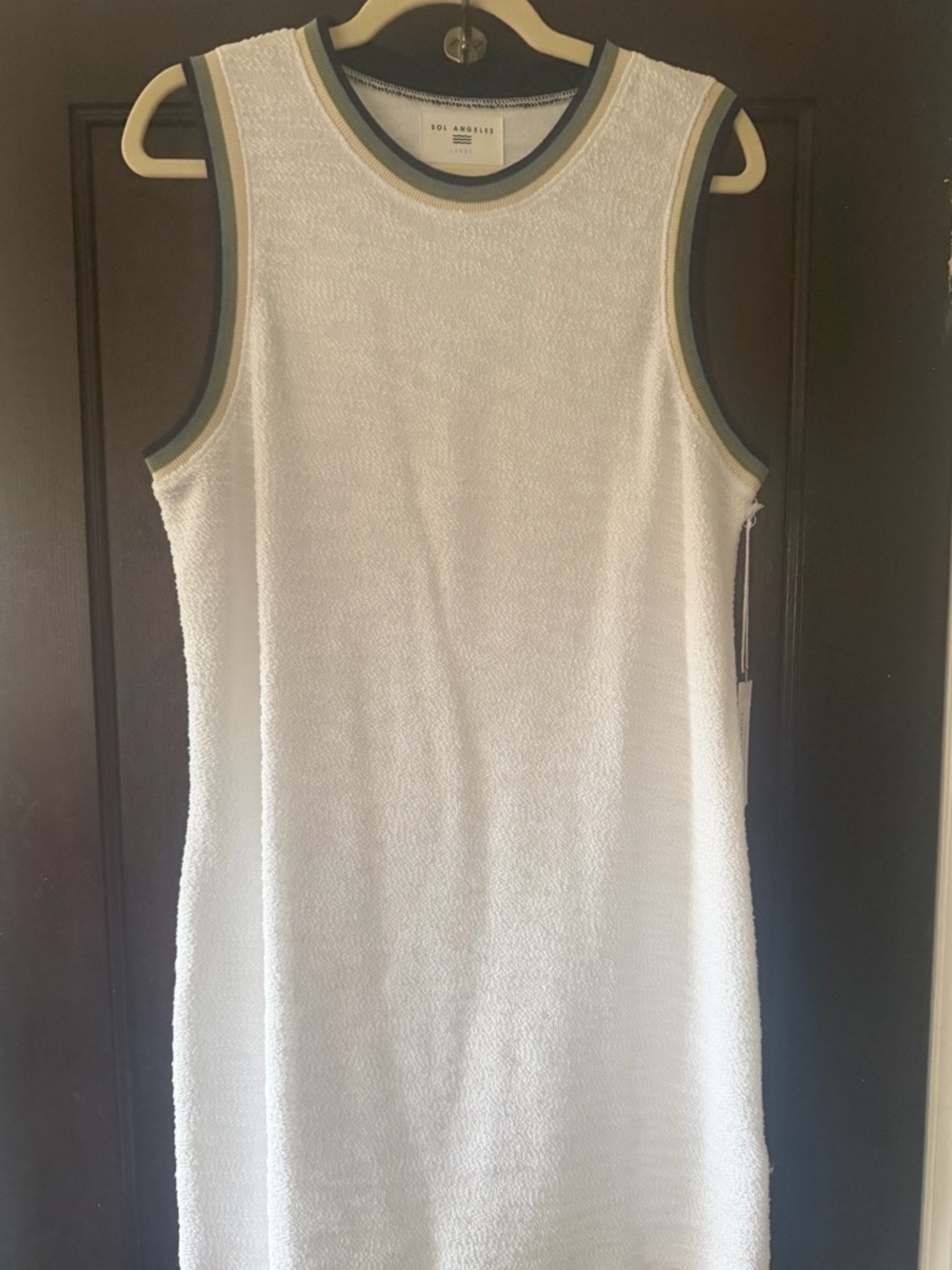 Sol Angeles Terry Cloth Tank Dress in White with Olive Trim size large NWT